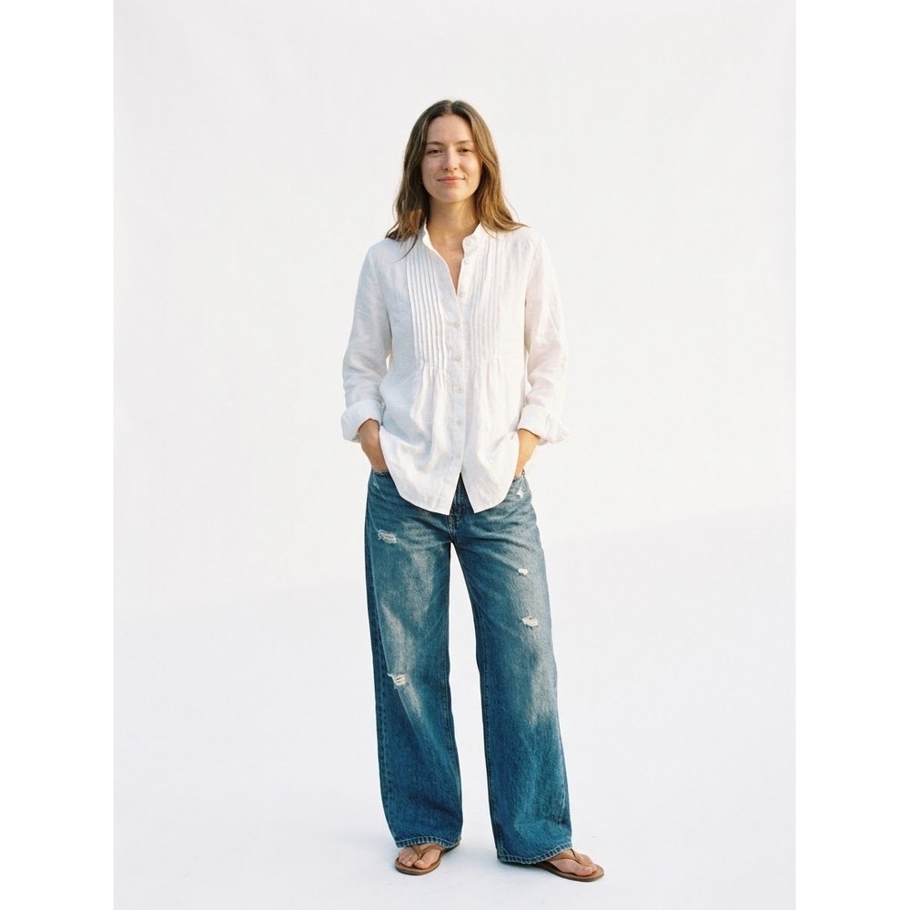 Chadwick's White 100% Linen Pintuck Bib Band Collar Shirt Womens 16 Lagenlook